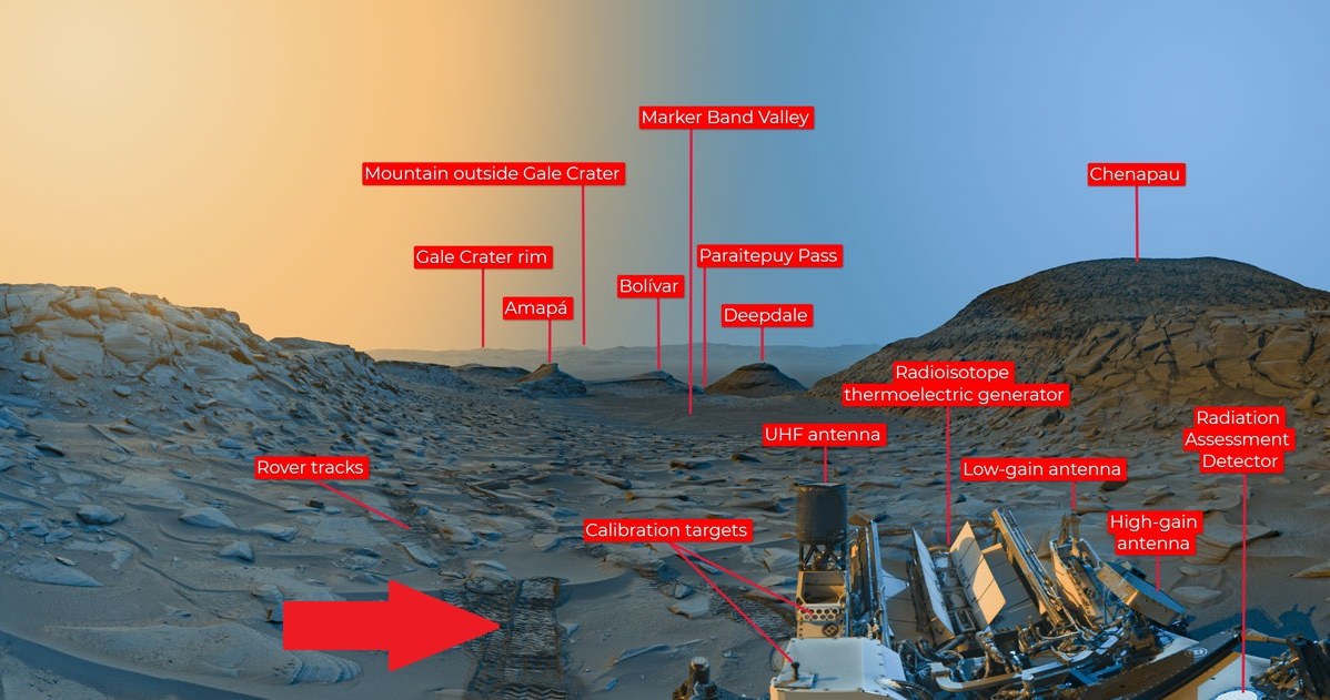 Czerwona strzałka pokazuje ślad, który pozostawiły koła łazika Curiosity /NASA