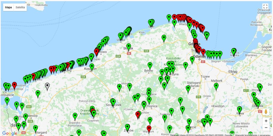 Czerwony oznacza zakaz kąpieli /sk.gis.gov.pl /Zrzut ekranu