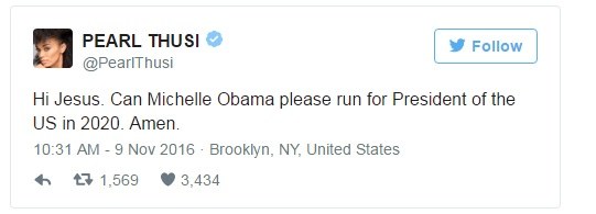 "Cześć Jezu. Niech Michelle Obama wystartuje w wyborach w 2020. Amen" /Twitter/ Printscreen /INTERIA.PL