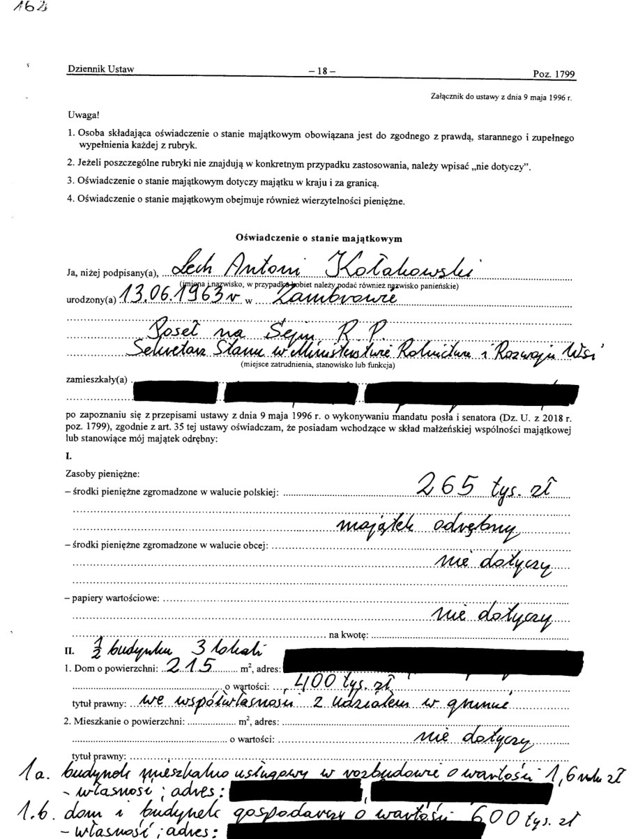 Część oświadczenia majątkowego Lecha Kołakowskiego /
