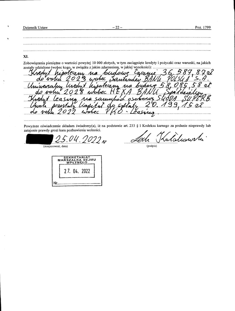 Część oświadczenia majątkowego Lecha Kołakowskiego /