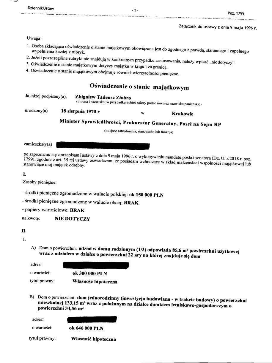 Część oświadczenia majątkowego Zbigniewa Ziobry /