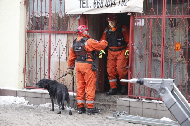 Członkowie grupy ratowniczo-poszukiwawczej z psem przy kamienicy, w której zawalił się strop /Michał Szalast /PAP
