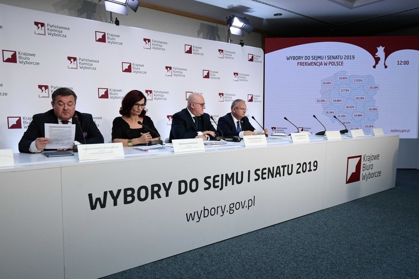 Członkowie PKW: sekretarz Krajowego Biura Wyborczego Magdalena Pietrzak (2L), sędzia NSA Arkadiusz Despot-Mładanowicz (L), sędzia NSA Sylwester Marciniak (2P) i Krzysztof Strzelczyk (P) podczas drugiej konferencji prasowej PKW nt. frekwencji i przebiegu głosowania.