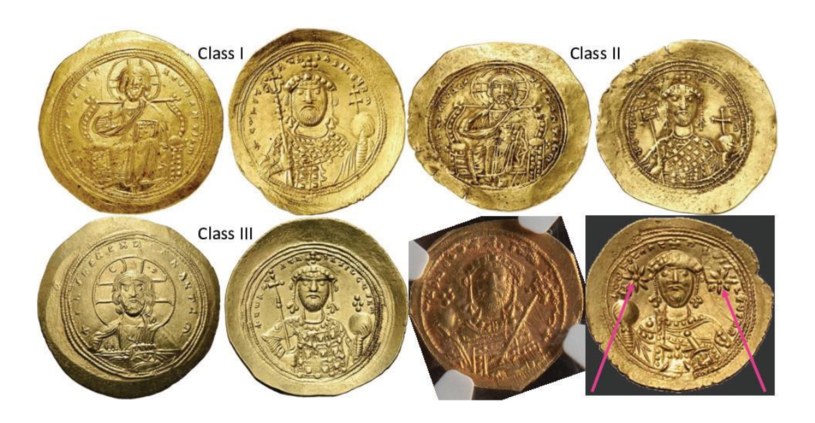 Cztery klasy monet z czasów Konstantyna IX, bite od 1042 do 1055. Moneta z dwiema gwiazdami widoczna u dołu po prawej stronie. /Filipović i in. /domena publiczna
