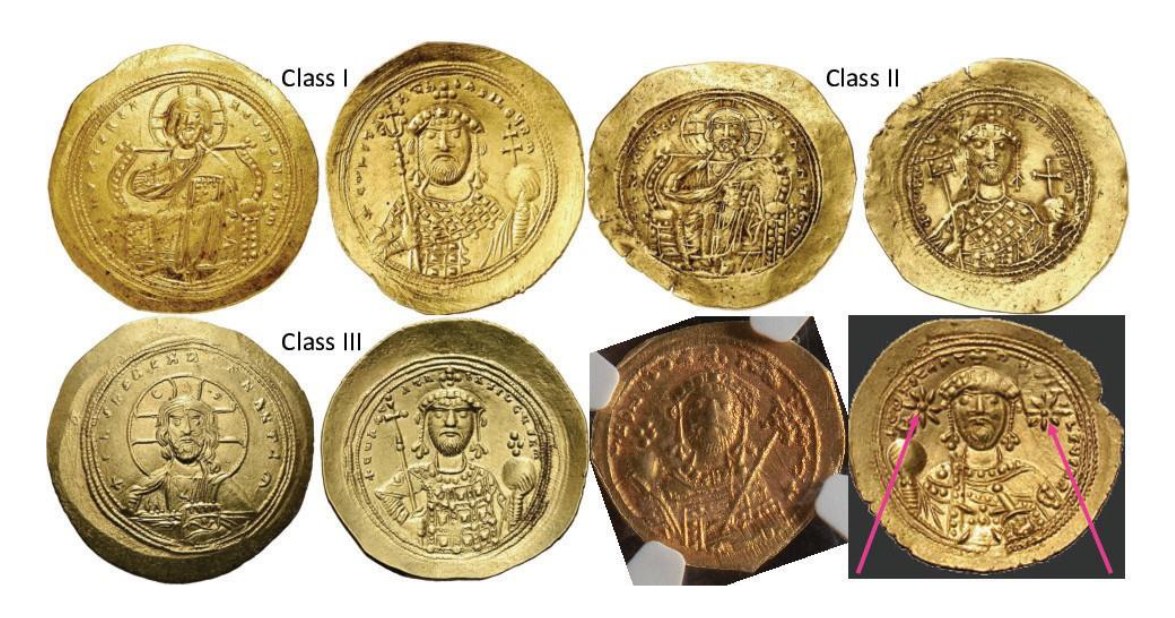 Cztery klasy monet z czasów Konstantyna IX, bite od 1042 do 1055. Moneta z dwiema gwiazdami widoczna u dołu po prawej stronie. /Filipović i in. /domena publiczna