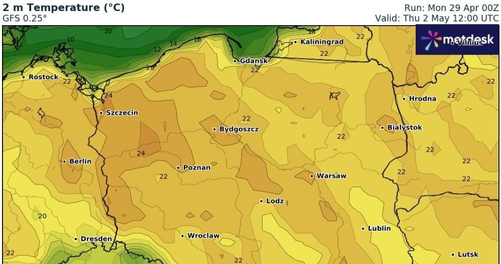 Czwartek będzie bardzo ciepły i słoneczny. Na zachodzie może być 25 stopni Celsjusza /wxcharts /