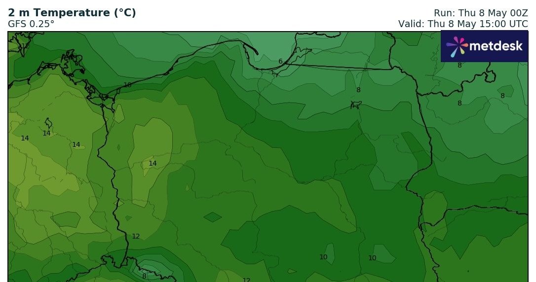 Czwartek będzie chłodny, szczególnie na północy i terenach podgórskich, gdzie temperatury będą jednocyfrowe /wxcharts /