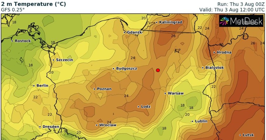 Czwartek będzie ciepły, ale nie upalny. Maksymalne temperatury wyniosą 25-26 st. C /wxcharts /