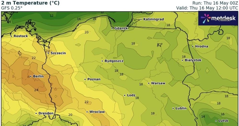 Czwartek będzie ciepły i pogodny. Na zachodzie termometry pokażą 24 stopnie Celsjusza /wxcharts /