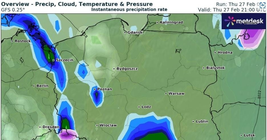 Czwartek będzie deszczowy w wielu miejscach. Dodatkowo na południu, a przede wszystkim w górach, może padać więcej śniegu - głównie wieczorem /wxcharts /
