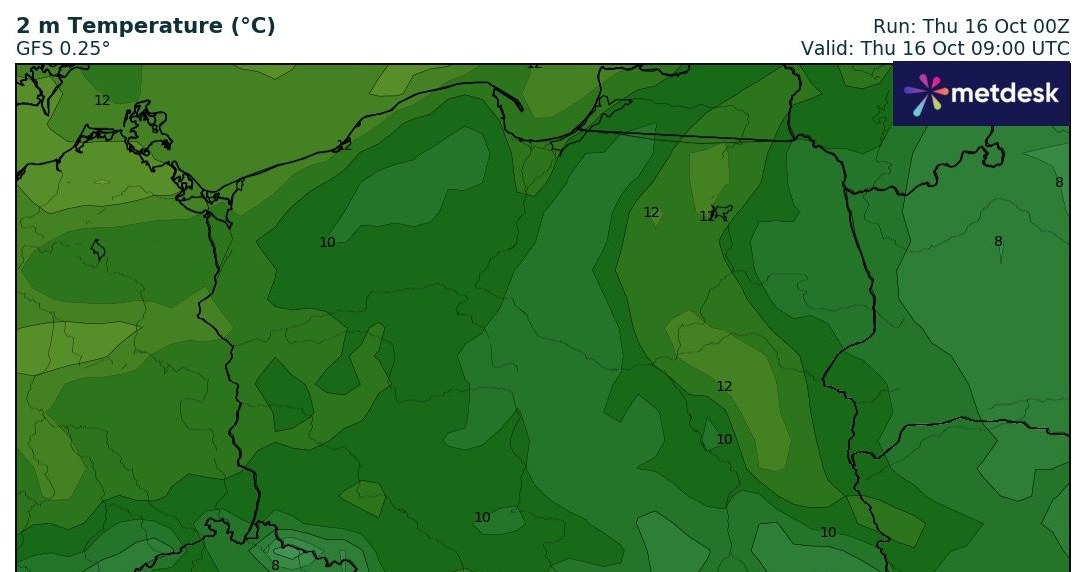 Czwartek będzie dość chłodny. Będzie niewiele więcej niż 10 stopni w większości kraju /WXCharts /