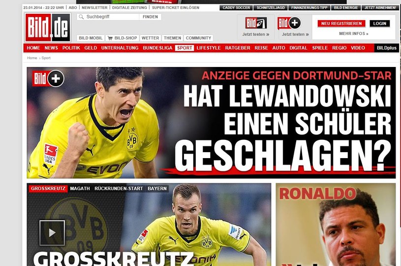 "Czy Lewandowski uderzył kibica?" - taki tytuł zamieścił "Bild" w internetowym wydaniu /Internet
