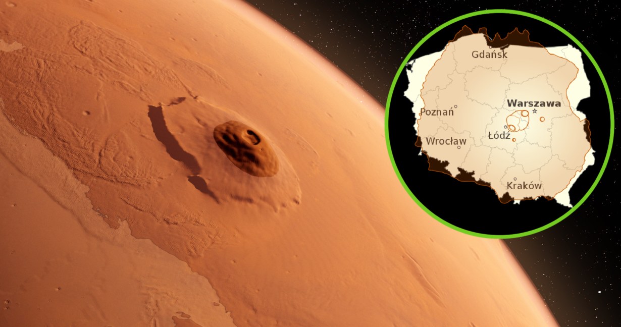 Czy w dalekiej przeszłości największy wulkan na Marsie był wyspą otoczoną morzem? /Wikipedia/Poland_location_map.svg: NordNordNordWest/Olympus_Mons_alt.jpg: Zdjęcie NASA, modyfikacje Seddona/praca pochodna: Szczureq/Creative Commons Attribution-Share Alike 4.0 International. /123RF/PICSEL