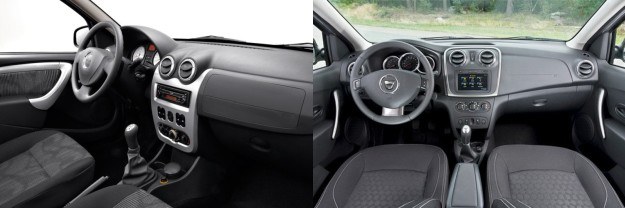 Nowe generacje Dacii Logan i Sandero Dacia Logan - kokpit pierwszej (z lewej) i drugiej (z prawej) generacji modelu. /Dacia