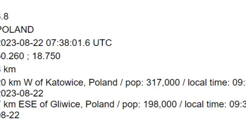 Dane dotyczące wstrząsu na Górnym Śląsku. /EMSC /materiał zewnętrzny