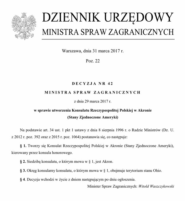 Decyzja ministra ws. powołania konsulatu w Akron /RMF FM /Zrzut ekranu