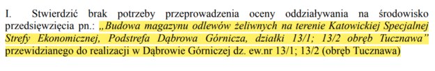 Decyzja o braku potrzeby przeprowadzenia oceny oddziaływania na środowisko - 11.10.2023 /UM Dąbrowa Górnicza /