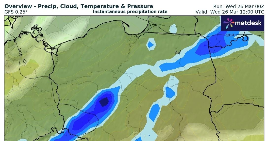 Deszczowo będzie praktycznie w całym kraju, a najbardziej w pasie ciągnącym się od południowego zachodu na północny wschód /wxcharts /
