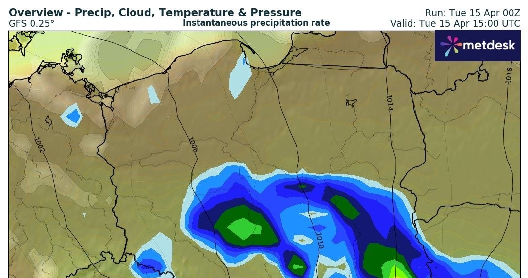 Deszczu we wtorek nie zabraknie. Wolnym od opadów powinny być jedynie tereny na północy /wxcharts /