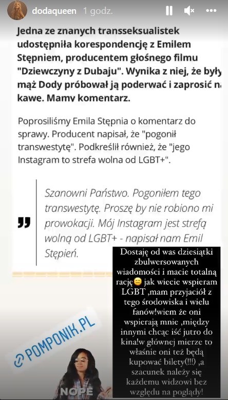 Doda odniosła się do komentarza Emila Stępnia na temat osób LGBT+ /Screen z instastory www.instagram.com/dodaqueen /Instagram