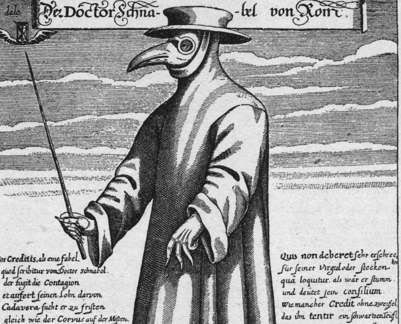 Doktor plagi w odzieży ochronnej, to oni zajmowali się chorymi podczas zarazy, miedzioryt Paula Fürsta z ok. 1656 r. /Hulton Archive /Getty Images