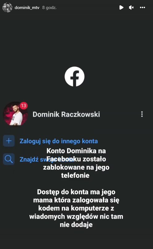 Dominik Raczkowski nie żyje - jego konto na  Facebook zostało zablokowane przez jego mamę /@dominik_mtv /Instagram