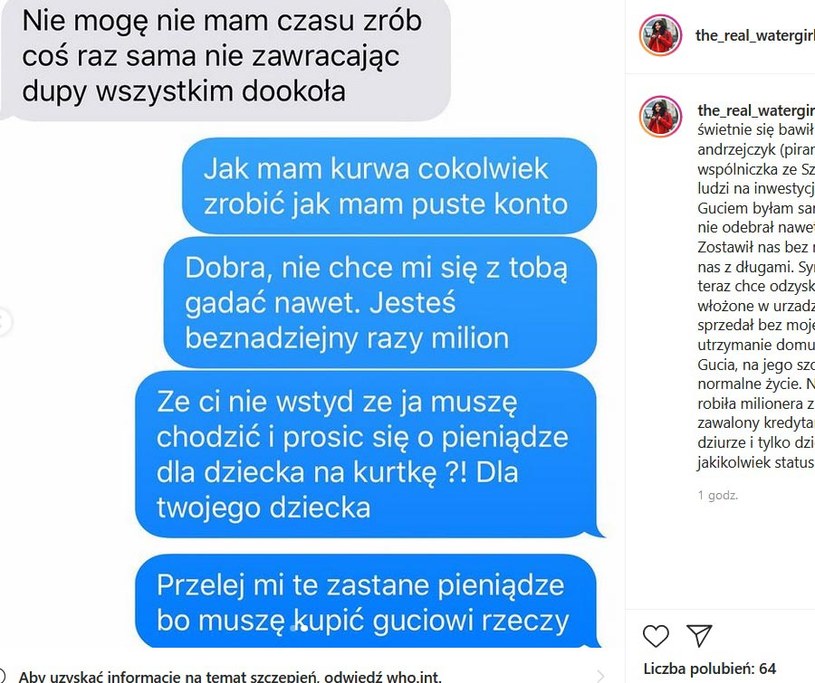 Dominika Zasiewska opublikowała treść smsów z rzekomym byłym partnerem /Instagram
