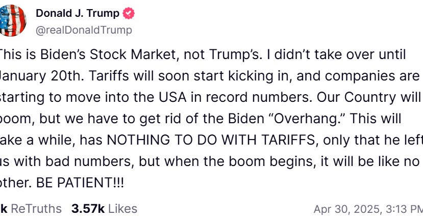 Donald Trump opublikował wpis, gdzie odniósł się do sytuacji na giełdzie /Truth Social /materiał zewnętrzny