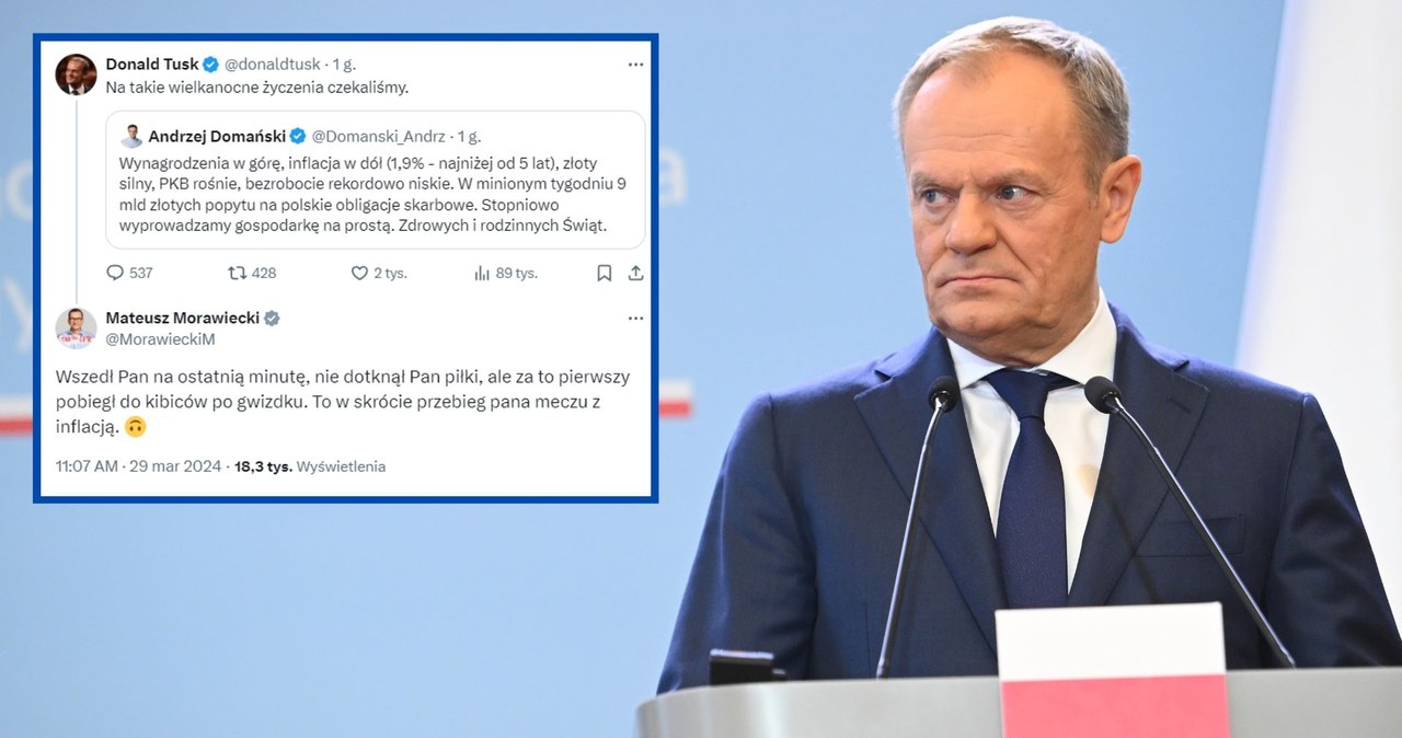 Donald Tusk chwali się sukcesem w sprawie inflacji. Na reakcję Mateusza Morawieckiego nie trzeba było długo czekać /Zbyszek Kaczmarek/Forum, Donald Tusk, Mateusz Morawiecki/X /