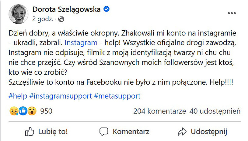Dorota Szelągowska prosi o pomoc /Facebook