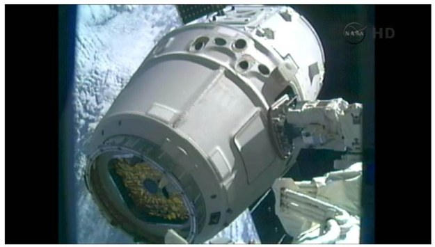 Dragon pochwycony przez ramię Canadarm2.   Fot. NASA TV /materiały prasowe