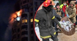 Dramatyczna noc w Kijowie. Wieżowiec w płomieniach, ranna kobieta i dziecko