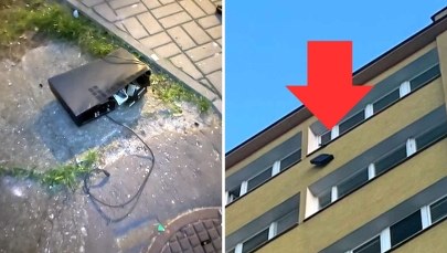 Dramatyczne sceny: Wyrzucił telewizor i magnetowid z 10. piętra!
