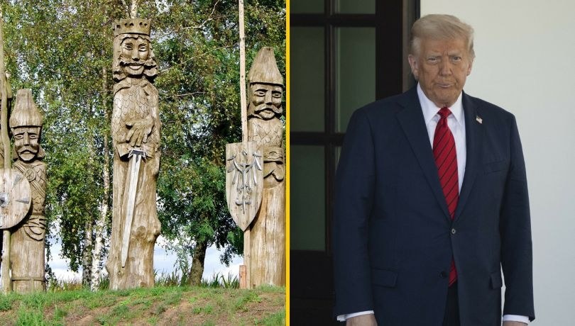 Drewniane rzeźby przedstawiające Bolesława Chrobrego i Donald Trump /Marek BAZAK/AA/ABACA/Abaca /East News