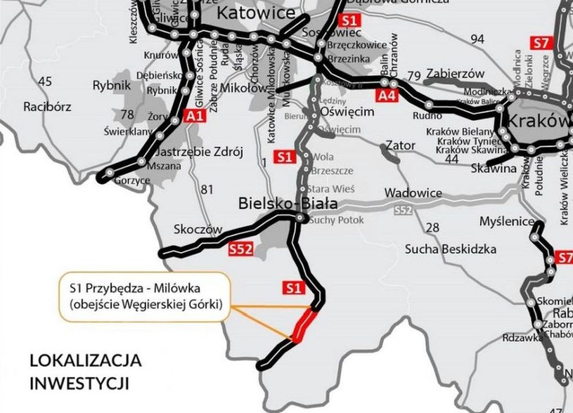 Droga ekspresowa S1 - na czerwono zaznaczono odcinek Przybędza – Milówka /GDDKiA