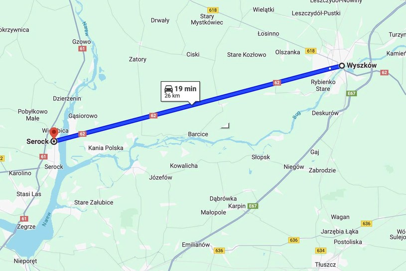 Droga z Serocka do Wyszkowa to 26 km asfaltu bez zakrętów /fot. Mapy Google /