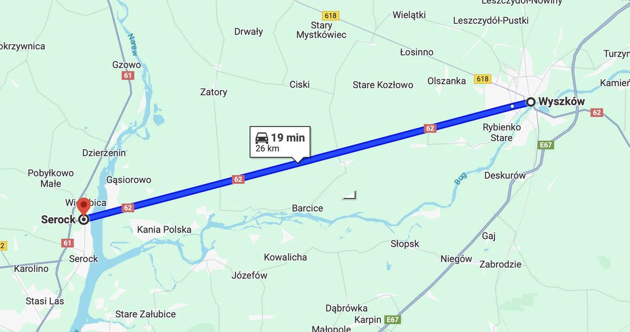 Droga z Serocka do Wyszkowa to 26 km asfaltu bez zakrętów /fot. Mapy Google /