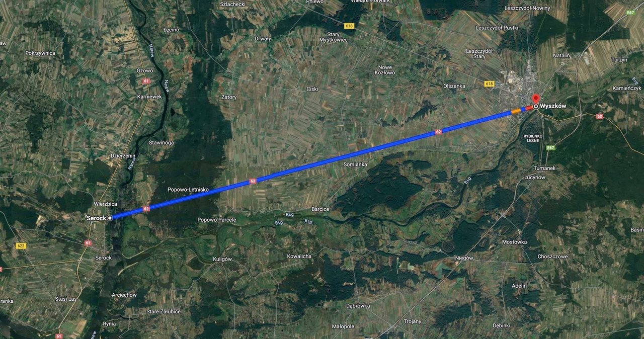 Droga z Serocka do Wyszkowa to 26 km asfaltu bez zakrętów /fot. Mapy Google /