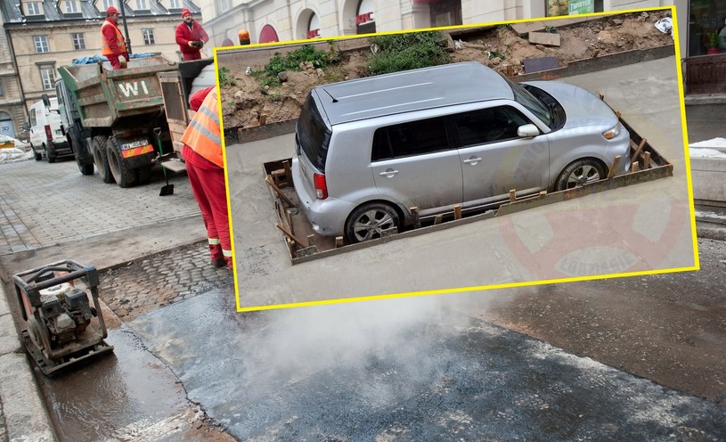 Drogowcy wylali beton dookoła zaparkowanego samochodu / fot. East News, Bartosz Krupa / Facebook LDZ Zmotoryzowani Łodzianie /