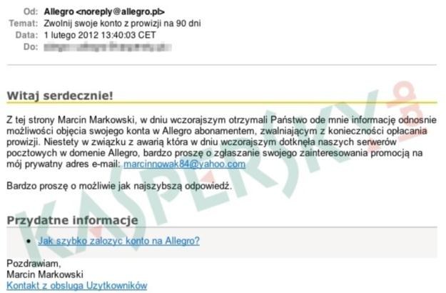 Druga wiadomość phishingowa wysyłana do użytkowników portalu Allegro przez oszusta /materiały prasowe
