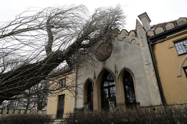 Drzewo powalone przez wiatr na zabytkowy Pałacyk Szustra na warszawskim Mokotowie /Albert Zawada /PAP