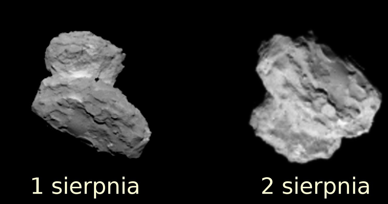 Dwa obrazy komety 67P uzyskane w dniach 1 i 2 sierpnia 2014. /materiały prasowe