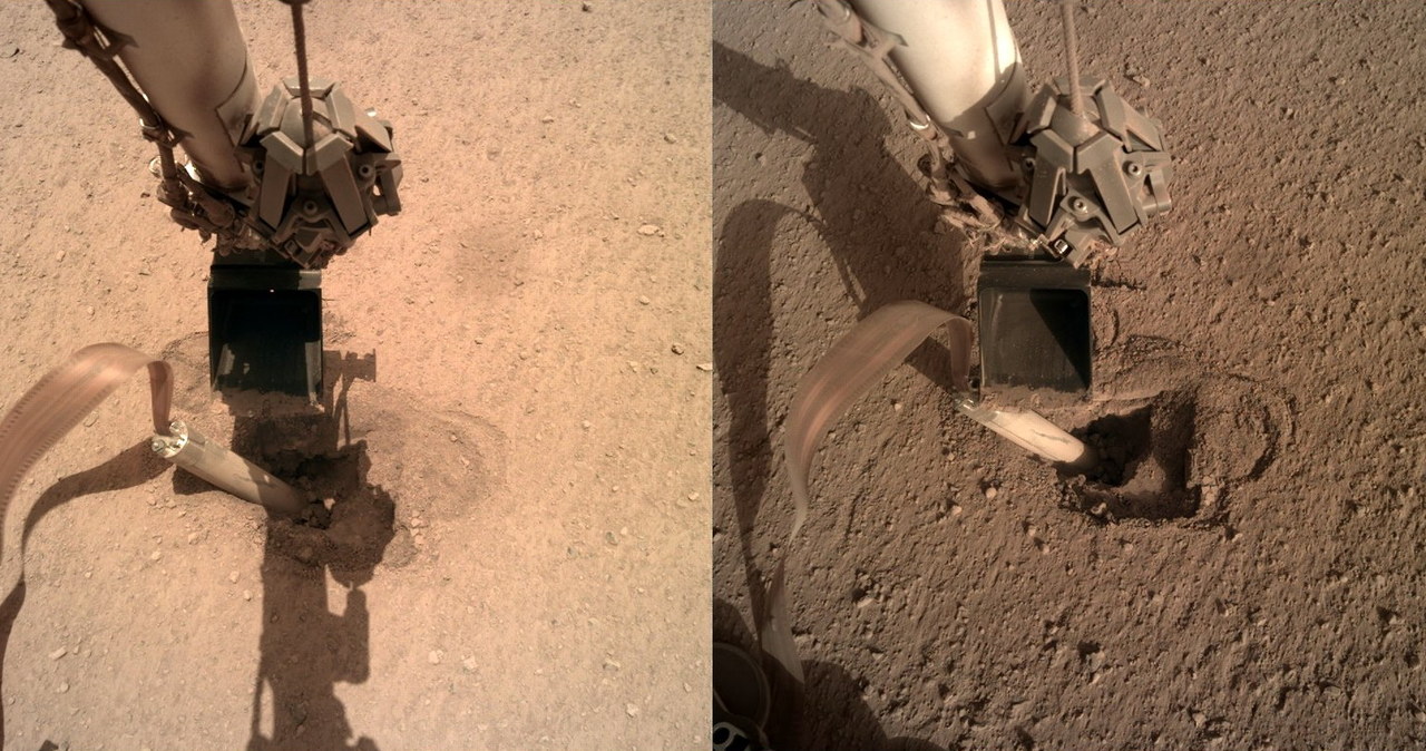 Dwa spojrzenia na stanowisko Kreta - po lewej zdjęcie z 15 lutego 2020, po prawej zdjęcie z 23 lutego 2020. Widoczny ruch manipulatora misji InSight / Credits - NASA /NASA