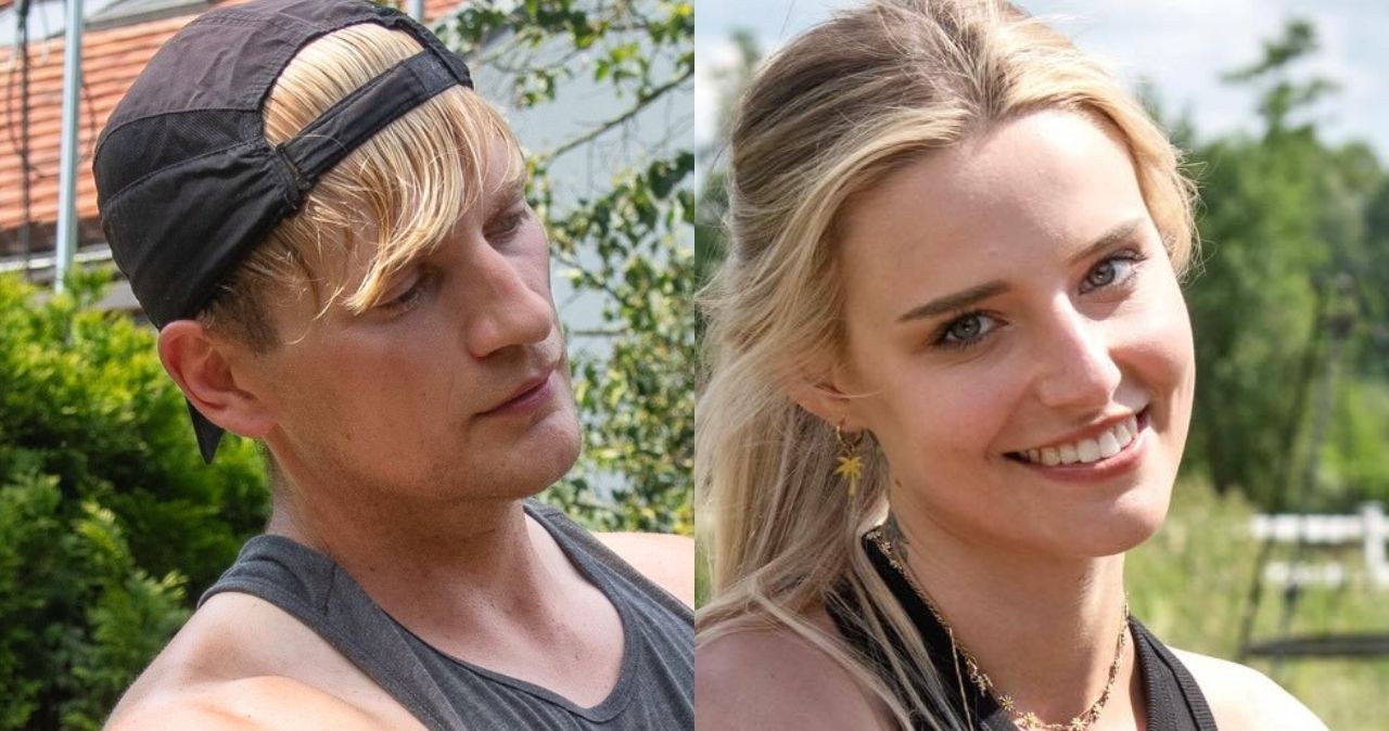 Dwie młode osoby, mężczyzna w czapce z daszkiem założonej tyłem i kobieta z długimi blond włosami, oboje ubrani na sportowo, na tle zieleni i letniego słonecznego dnia, patrzące w stronę aparatu—on z poważnym wyrazem twarzy, ona z uśmiechem. /Polsat /materiały prasowe