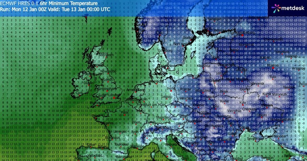 Dwucyfrowe mrozy utrzymają się w ciągu dnia na wschodzie. Tam również po zachodzie słońca będzie najzimniej - miejscami nawet -22 stopnie /WXCharts /