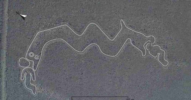 Dwugłowy wąż (lub smok) zjadający ludzi to jeden z ciekawszych geoglifów na płaskowyżu Nazca, który został odkryty dzięki sztucznej inteligencji / fot. Yamagata University /domena publiczna