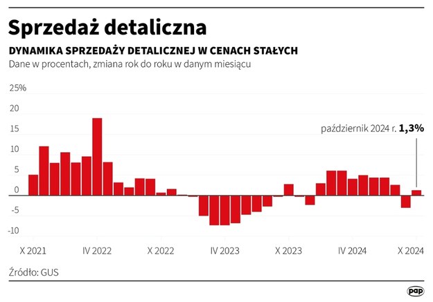 Dynamika sprzedaży detalicznej w cenach stałych /Mateusz Krymski /PAP