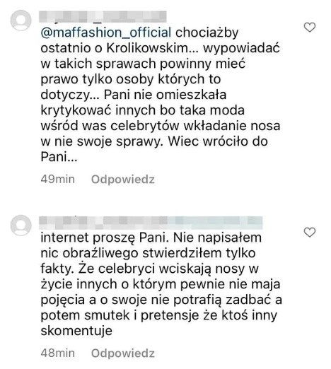 Dyskusja Maffashion z internautą /Instagram/maffashion_official  /Instagram