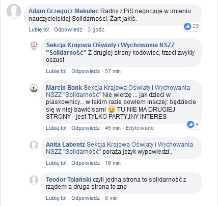 Dyskusja pod postem na profilu oświatowej "Solidarności" na FB /facebook.com